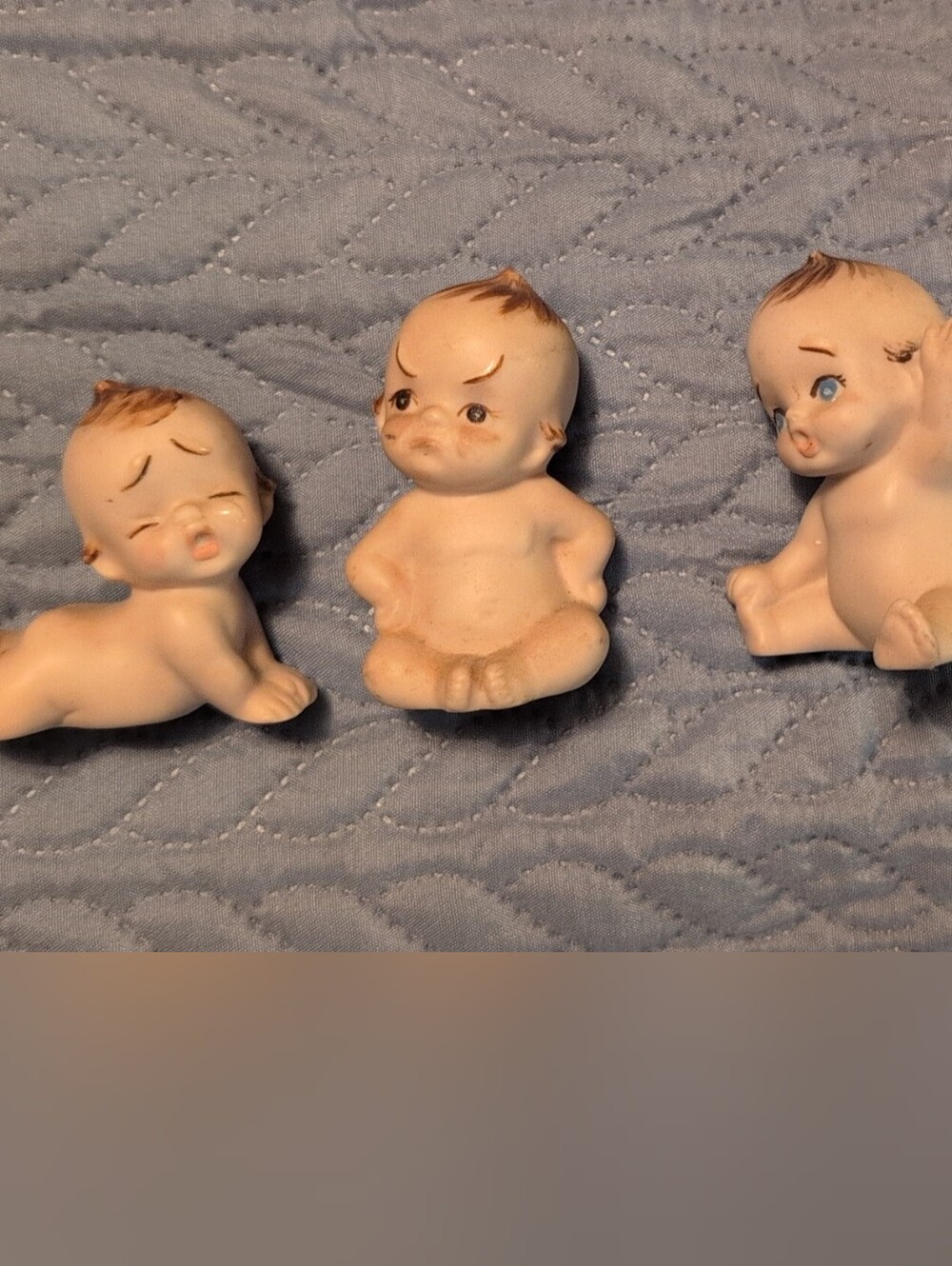 Set of Three Cream Ceramic Baby Figurines - Decorative Nursery Dolls
